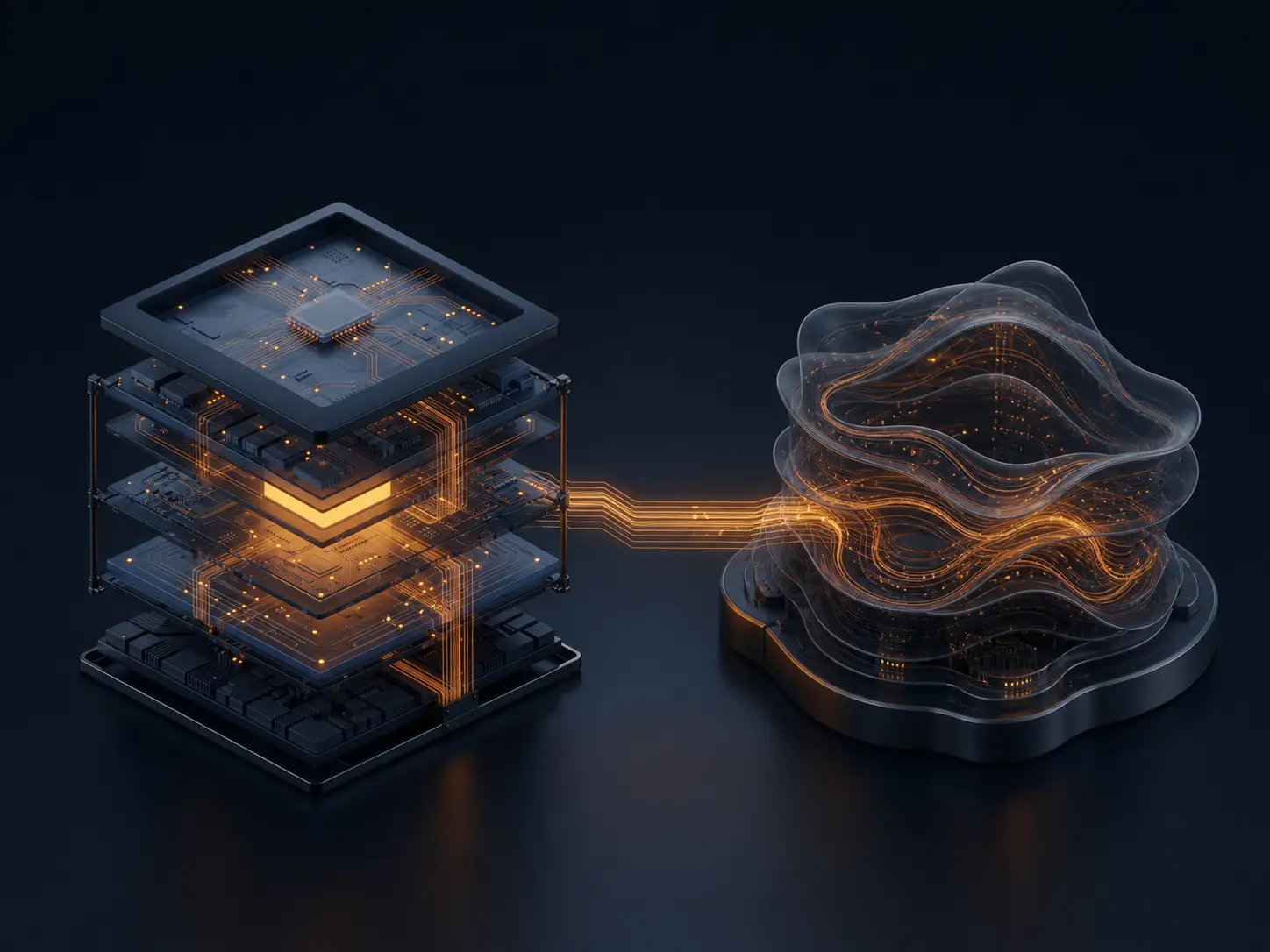 Two complementary engineered forms joined by an amber connection