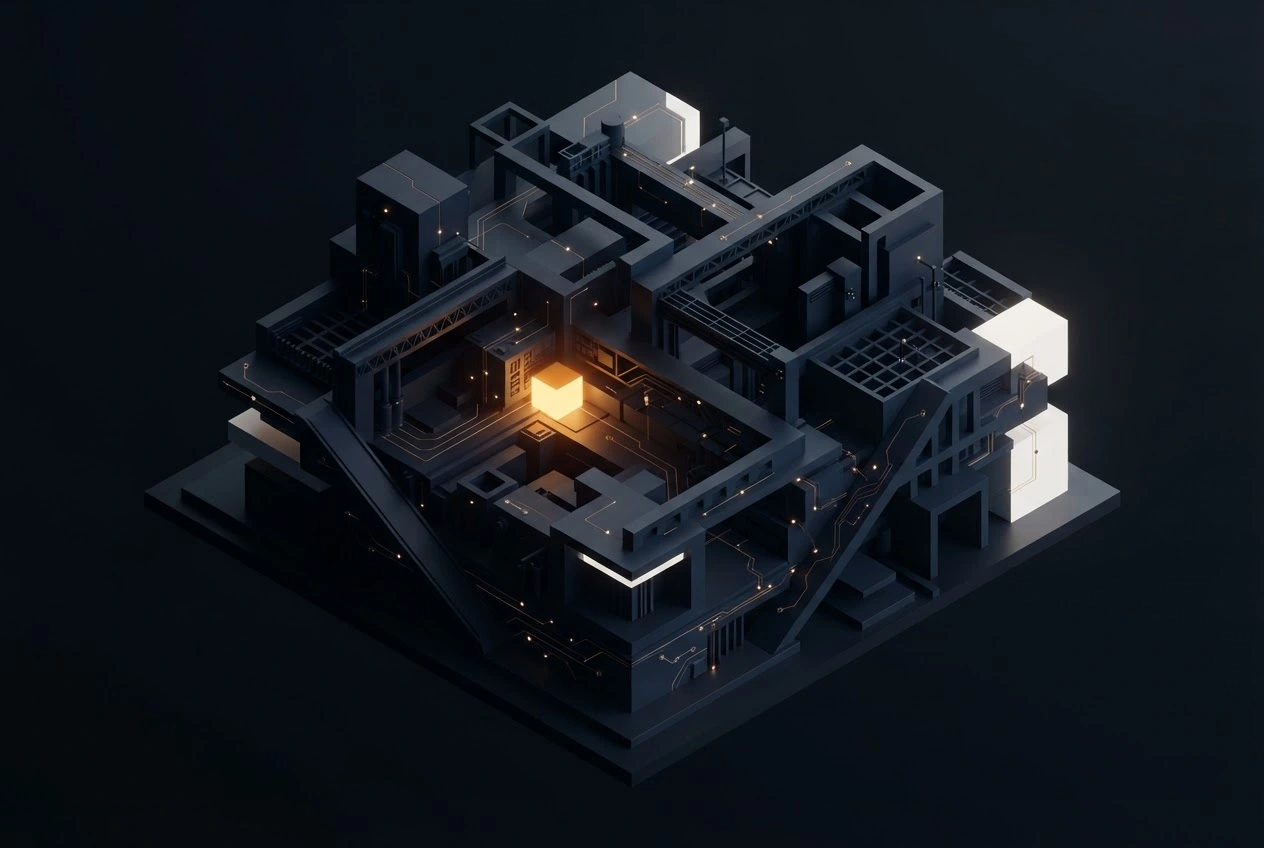 An architectural blueprint made physical, with an isometric engineered form and a single amber light source