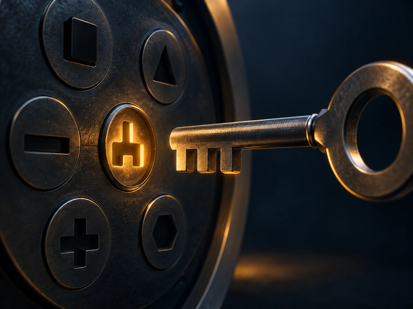 A precision key approaching one amber-lit socket among several closed alternatives