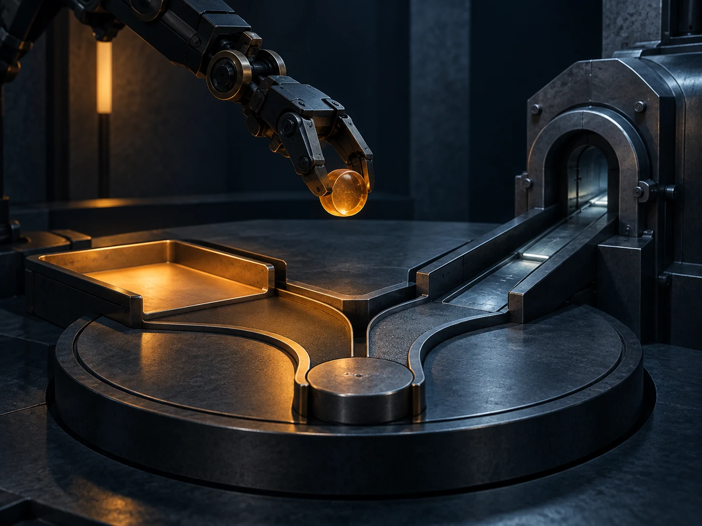 A mechanical arm holding an amber token above separate approval and protected-action paths