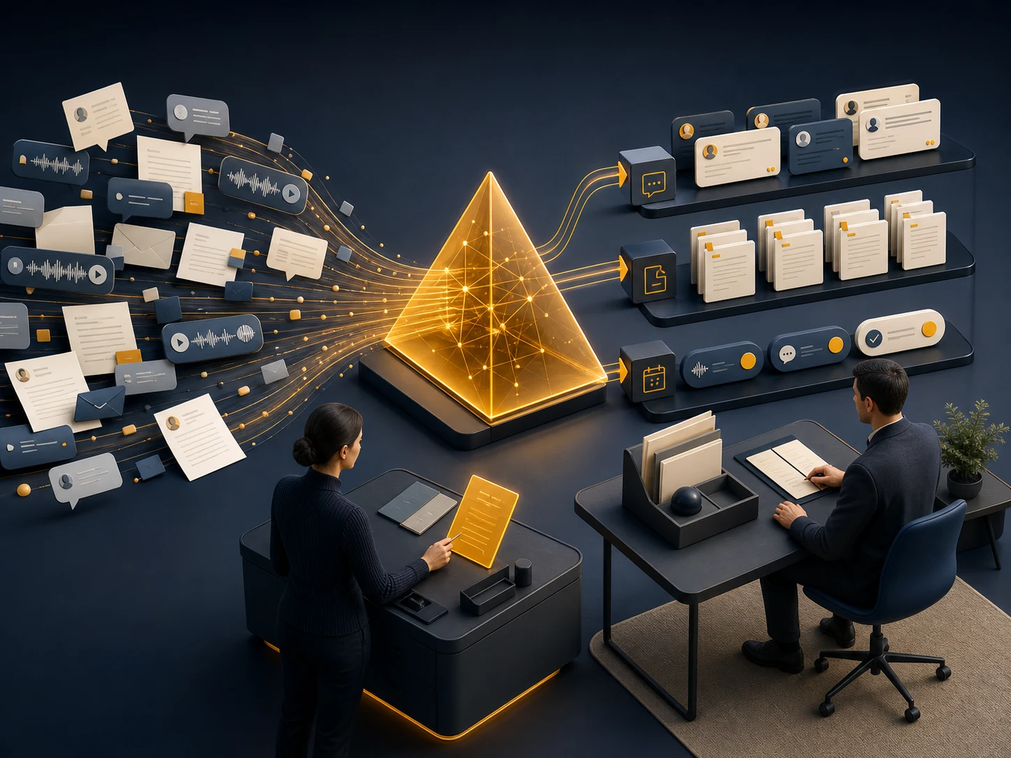 A precision instrument sorting irregular inputs into controlled channels beside a sealed business record vault
