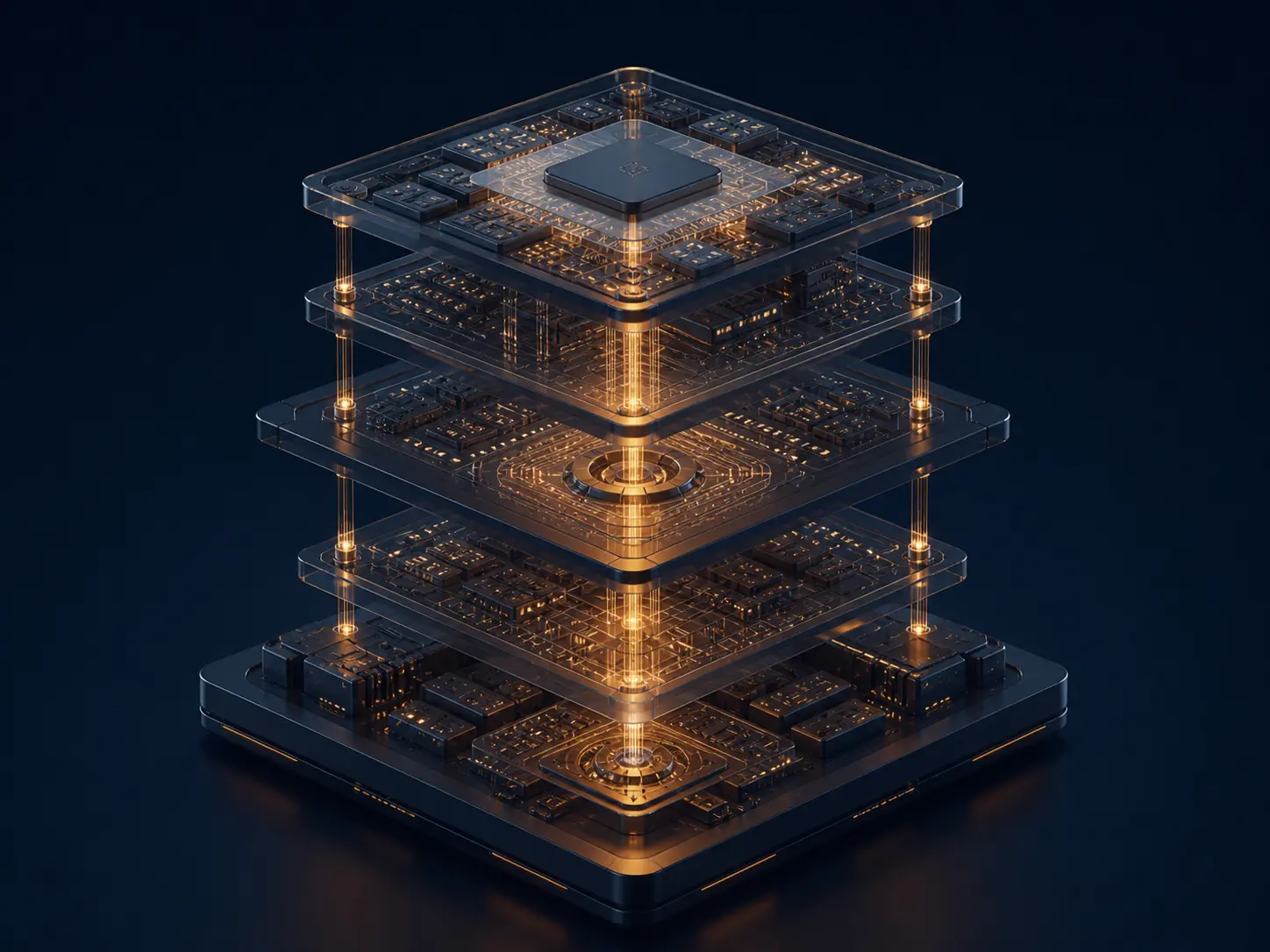 A layered software architecture sculpture with an amber signal running through its foundation