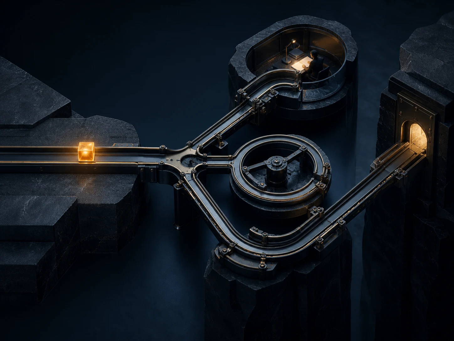 An amber-lit workpiece moving through a branching engineered track with recovery and review routes