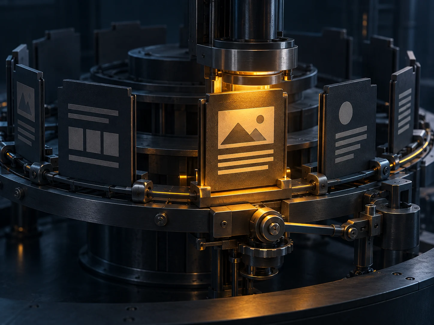 Dark modular panels moving through an amber-lit calibration station in a precision mechanism