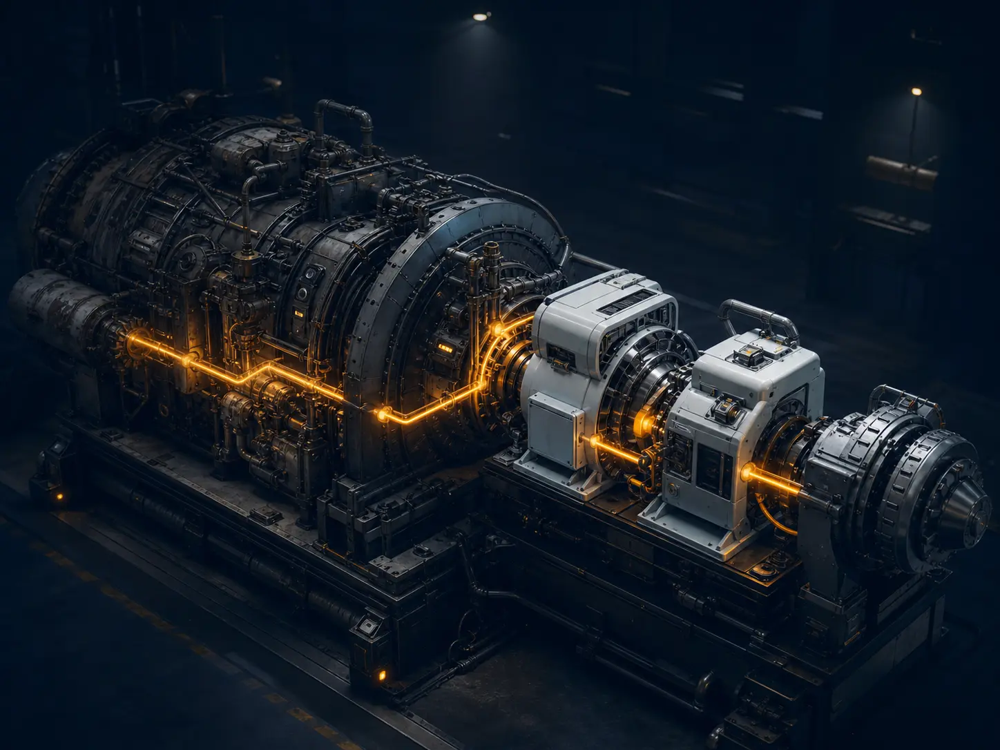 A working industrial machine being upgraded module by module along an illuminated amber path
