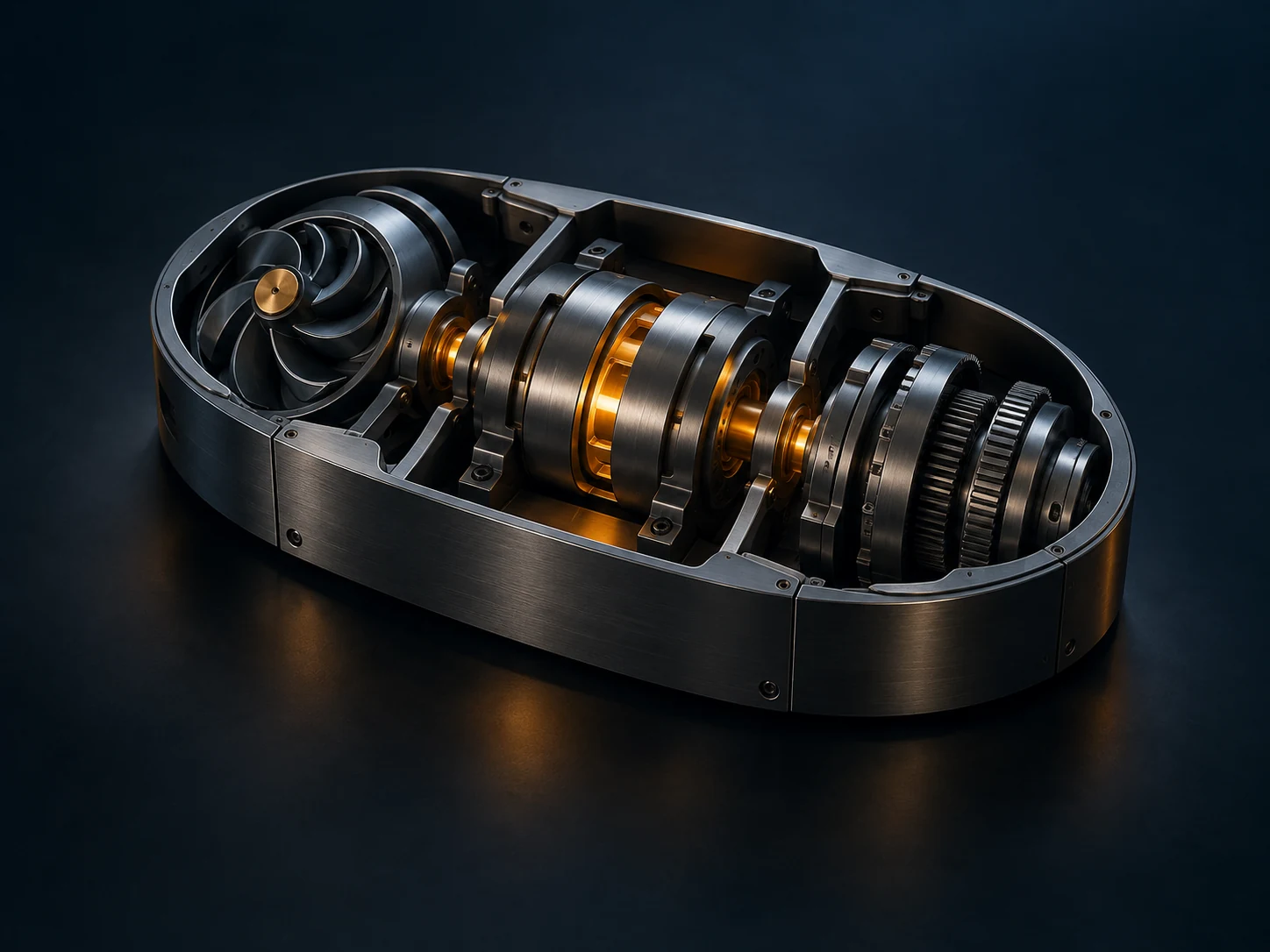 Three distinct mechanical assemblies connected by an amber spindle within one shared metal chassis