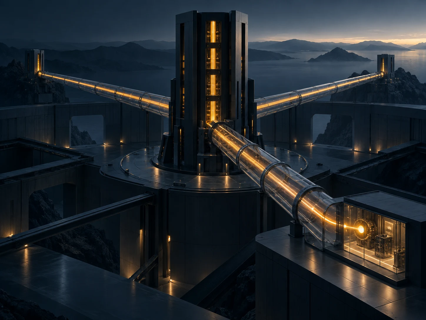 Amber signals travelling from a central engineered tower through transparent conduits to visible inspection points