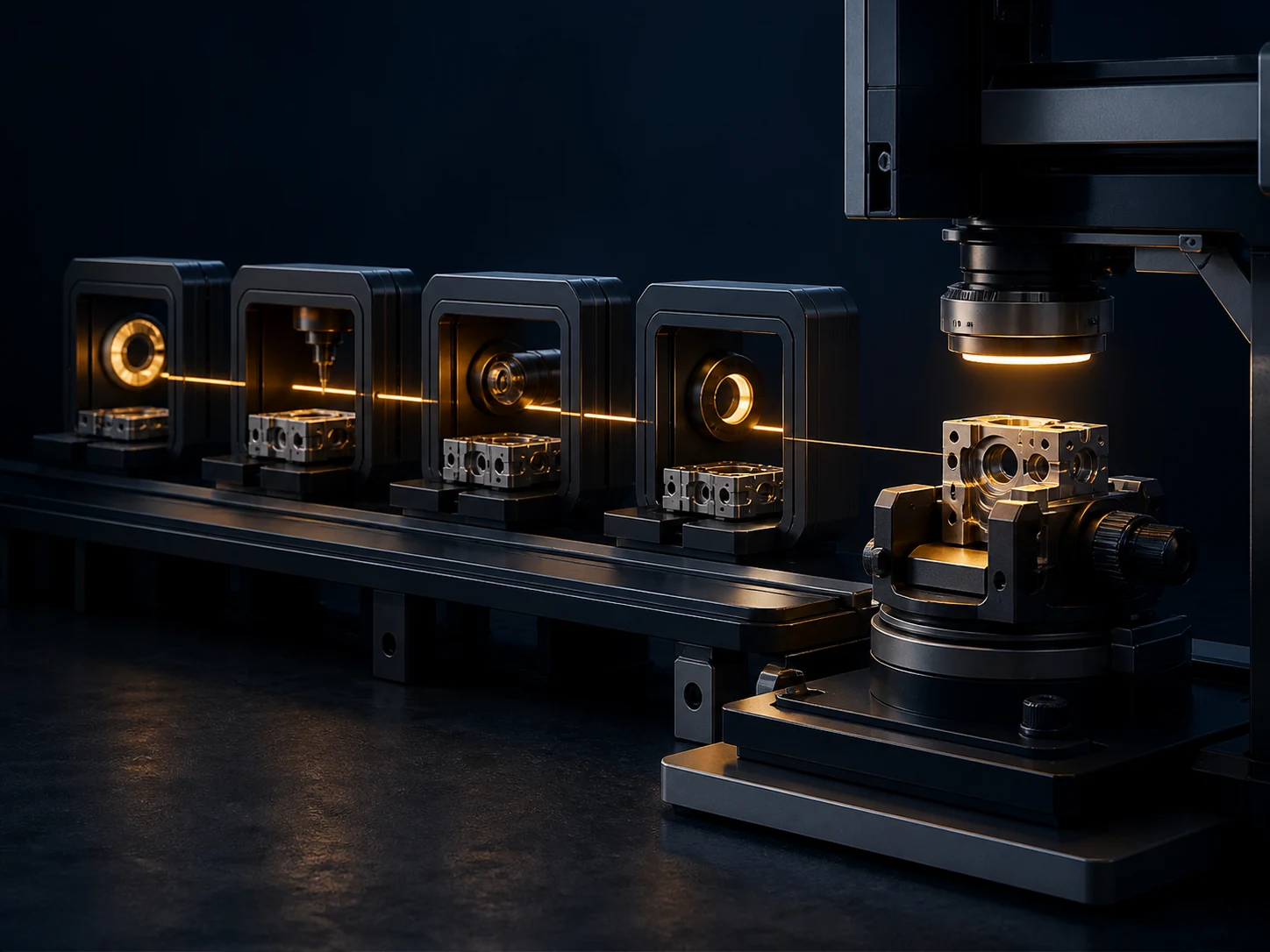 A precision inspection gantry examining modular components as an amber signal passes through verification stations