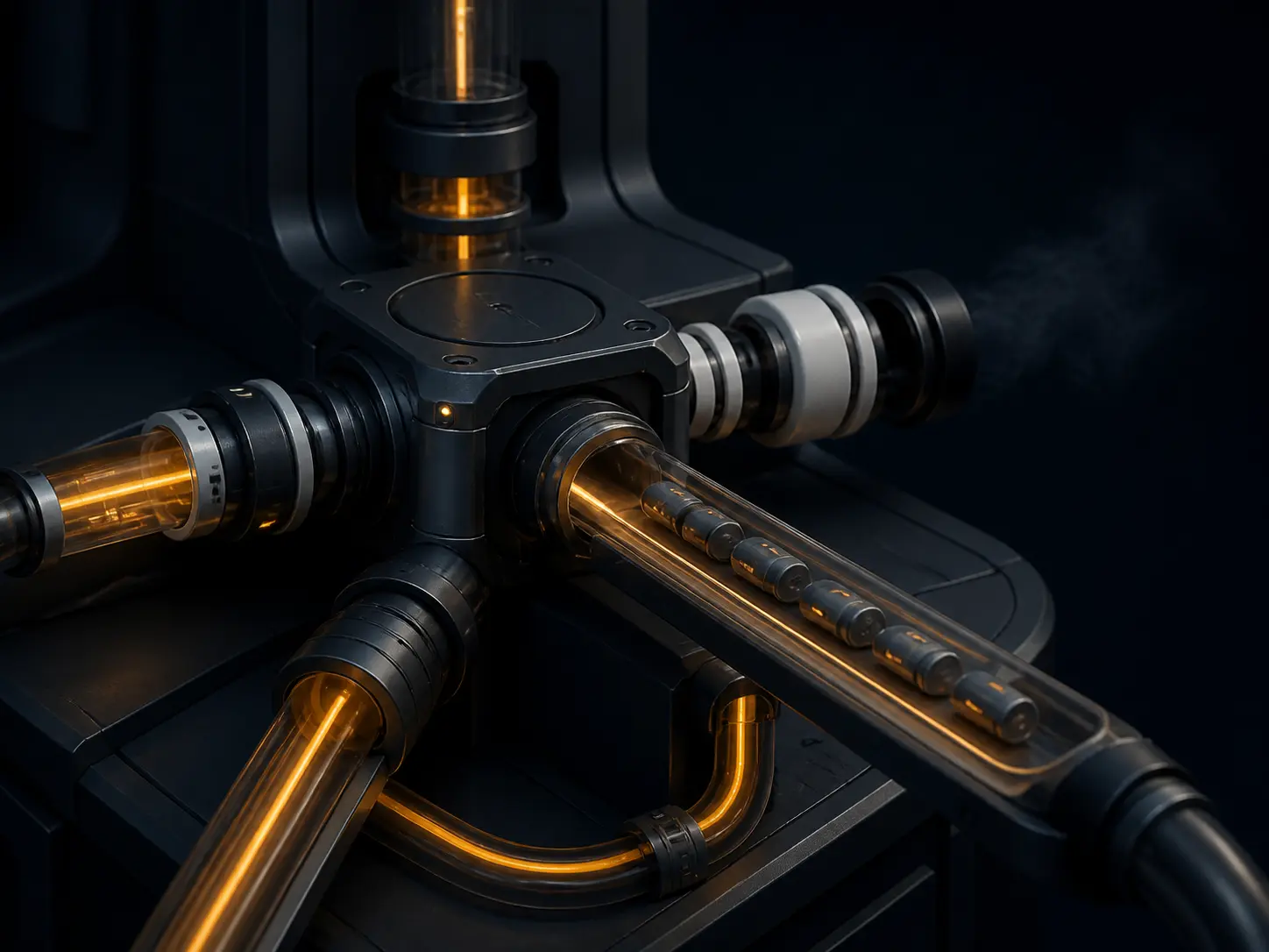 An engineered routing junction isolating a failed connection while amber-lit work waits safely in a buffer