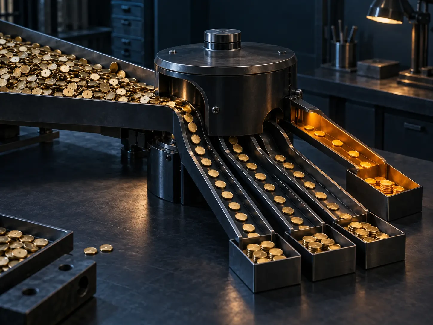 Amber-lit coins moving through a dark industrial sorting machine