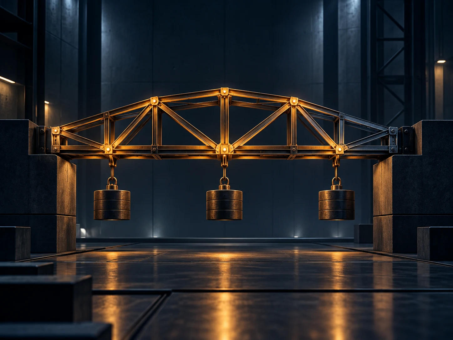 An amber-lit engineered bridge holding three suspended test weights between two dark platforms