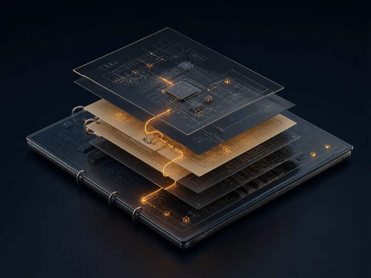An abstract engineered notebook of layered ideas illuminated by amber circuit traces