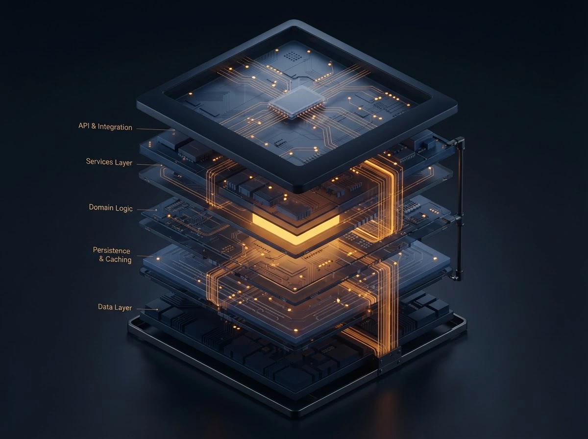 An isometric exploded view of layered software architecture rendered as physical engineered planes, connected by amber circuit traces