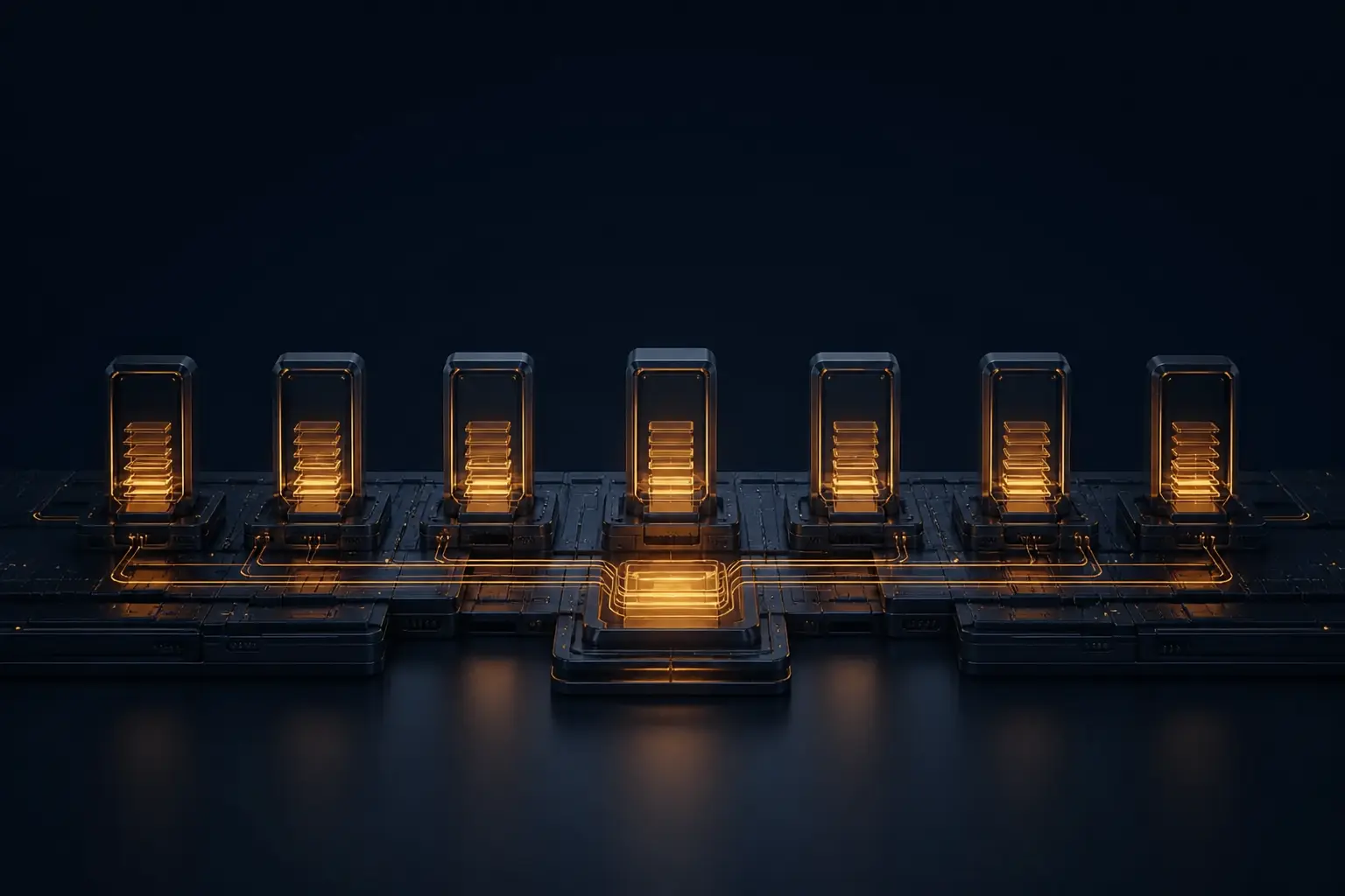A dark engineered knowledge archive with amber-lit answer modules connected to a central clarity core