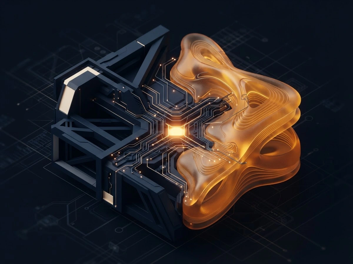 An isometric engineered form where a rigid navy structure meets a fluid amber-lit form, connected by circuit traces